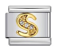 Mon & Sons A-Z White Crystal Gold Letter Initial Name Tag Alphabet Personalised Birthday Silver Italian 9mm Link Stainless Steel Bracelet Charm Compatible With 9mm