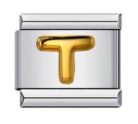 Mon & Sons A - Z Yellow Gold Letter Initial Name Alphabet Personalised Birthday Charm Silver 9mm Italian Link Compatible With Modular Bracelet (T Gold)