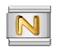 Mon & Sons A - Z Yellow Gold Letter Initial Name Alphabet Personalised Birthday Charm Silver 9mm Italian Link Compatible With Modular Bracelet (N Gold)