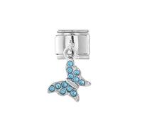 Mon & Sons Blue Crystal Butterfly Insect Dangle Chain Silver Italian 9mm Link Stainless Steel Bracelet Charm Compatible With 9mm Link