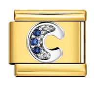 Mon & Sons C Crystal 18k Gold Letter Initial Name Tag Alphabet Personalised Birthday Silver Italian 9mm Link Stainless Steel Bracelet Charm Compatible With 9mm Link