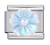 Mon & Sons Camellia Pearl Baby Blue Silver Italian 9mm Link Stainless Steel Bracelet Charm Compatible With 9mm Link