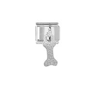 Mon & Sons Crystal Dog Puppy Bone Dangle Chain Silver Italian 9mm Link Stainless Steel Bracelet Charm Compatible With 9mm Link