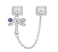 Mon & Sons Crystal Dragonfly Evil Eye Hamsa Fatima Lucky Safety Chain Silver Italian 9mm Link Stainless Steel Bracelet Charm Compatible With 9mm Link