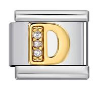 Mon & Sons D Crystal 18k Letter Initial Name Tag Alphabet Personalised Birthday Silver Italian 9mm Link Stainless Steel Bracelet Charm Compatible With 9mm Link