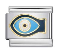 Mon & Sons Evil Eye Fish Sea Ocean Water Protection Hand Hamsa Fatima Silver Italian 9mm Link Stainless Steel Bracelet Charm Compatible With 9mm Link