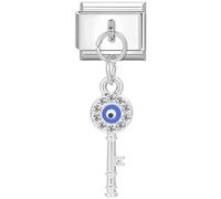 Mon & Sons Evil Eye Hamsa Fatima Key Dangle Charm Silver Italian Link Stainless Steel Bracelet Charm Compatible With 9mm Bracelet
