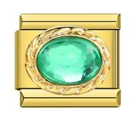 Mon & Sons Gold Green Crystal Gem Charm Silver Italian Link Stainless Steel Bracelet Charm Compatible With 9mm Bracelet