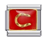 Mon & Sons Gold Lucky Horsehsoe Luck Red Silver Italian 9mm Link Stainless Steel Bracelet Charm Compatible With 9mm Link