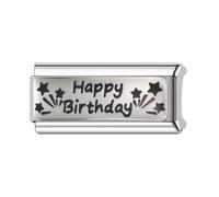 Mon & Sons Happy Birthday Star Superlink Long Double Size Width 9mm Stainless Steel Silver Italian Link Charm Compatible With 9mm Link Bracelet