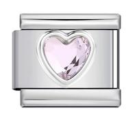 Mon & Sons Light Pink Smooth Love Heart Month Birth Year Birthday Stone Anniversary Birthstone Crystal Silver Italian 9mm Link Stainless Steel Bracelet Charm Compatible With 9mm Link
