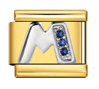 Mon & Sons M Crystal 18k Gold Letter Initial Name Tag Alphabet Personalised Birthday Silver Italian 9mm Link Stainless Steel Bracelet Charm Compatible With 9mm Link