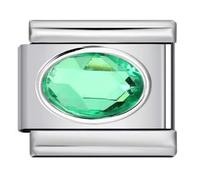 Mon & Sons May Emerald Green Smooth Oval Month Birth Year Birthday Stone Anniversary Birthstone Crystal Silver Italian 9mm Link Stainless Steel Bracelet Charm Compatible With 9mm Link