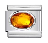 Mon & Sons November Citrine Smooth Oval Month Birth Year Birthday Stone Anniversary Birthstone Crystal Silver Italian 9mm Link Stainless Steel Bracelet Charm Compatible With 9mm Link