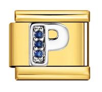Mon & Sons P Crystal 18k Gold Letter Initial Name Tag Alphabet Personalised Birthday Silver Italian 9mm Link Stainless Steel Bracelet Charm Compatible With 9mm Link