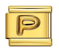 Mon & Sons P Embossed 18k Gold Letter Initial Name Tag Alphabet Personalised Birthday Silver Italian 9mm Link Stainless Steel Bracelet Charm Compatible With 9mm Link