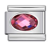 Mon & Sons Pink Ruby July Smooth Oval Month Birth Year Birthday Stone Anniversary Birthstone Crystal Silver Italian 9mm Link Stainless Steel Bracelet Charm Compatible With 9mm Link