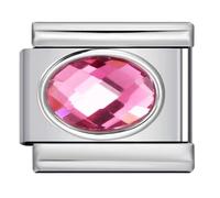 Mon & Sons Pink Ruby Light Smooth Oval Month Birth Year Birthday Stone Anniversary Birthstone Crystal Silver Italian 9mm Link Stainless Steel Bracelet Charm Compatible With 9mm Link