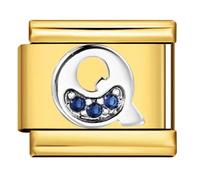 Mon & Sons Q Crystal 18k Gold Letter Initial Name Tag Alphabet Personalised Birthday Silver Italian 9mm Link Stainless Steel Bracelet Charm Compatible With 9mm Link