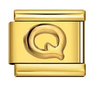 Mon & Sons Q Embossed 18k Gold Letter Initial Name Tag Alphabet Personalised Birthday Silver Italian 9mm Link Stainless Steel Bracelet Charm Compatible With 9mm Link