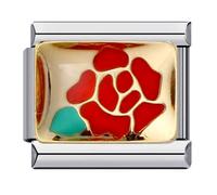 Mon & Sons Red Rose Flower Silver Italian 9mm Link Stainless Steel Bracelet Charm Compatible With 9mm Link