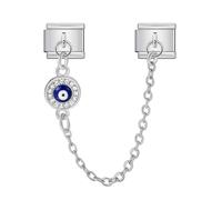 Mon & Sons Round Crystal Evil Eye Hamsa Fatima Lucky Safety Chain Silver Italian 9mm Link Stainless Steel Bracelet Charm Compatible With 9mm Link