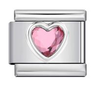 Mon & Sons Ruby Pink July Smooth Love Heart Month Birth Year Birthday Stone Anniversary Birthstone Crystal Silver Italian 9mm Link Stainless Steel Bracelet Charm Compatible With 9mm Link