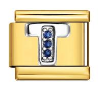 Mon & Sons T Crystal 18k Gold Letter Initial Name Tag Alphabet Personalised Birthday Silver Italian 9mm Link Stainless Steel Bracelet Charm Compatible With 9mm Link