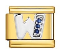 Mon & Sons W Crystal 18k Gold Letter Initial Name Tag Alphabet Personalised Birthday Silver Italian 9mm Link Stainless Steel Bracelet Charm Compatible With 9mm Link