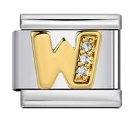 Mon & Sons W Crystal 18k Letter Initial Name Tag Alphabet Personalised Birthday Silver Italian 9mm Link Stainless Steel Bracelet Charm Compatible With 9mm Link