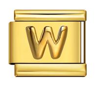 Mon & Sons W Embossed 18k Gold Letter Initial Name Tag Alphabet Personalised Birthday Silver Italian 9mm Link Stainless Steel Bracelet Charm Compatible With 9mm Link