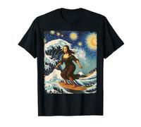 Mona Lisa Surfing Great Wave Starry Night Surreal Fusion Art T-Shirt