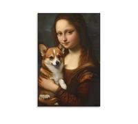 Mona Lisa With Corgi Wall Canvas Art for Bedroom for Toilet Bathroom Decor Large Canvas Wall Art for Living Room 08x12inch(20x30cm)