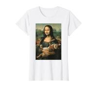 Mona Lisa with Orange Cat Funny Art Painting Value Graphic T-Shirt, Women, White, S