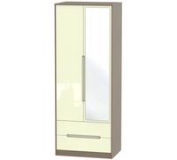 Monaco Cream Gloss and Toronto Walnut 2 Door Tall Combi Wardrobe - 1 Mirror
