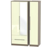 Monaco Cream Gloss and Toronto Walnut 3 Door Tall Combi Wardrobe - 1 Mirror and LHF 2 Drawers