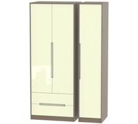 Monaco Cream Gloss and Toronto Walnut 3 Door Tall Triple Wardrobe - LHF 2 Drawers