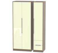 Monaco Cream Gloss and Toronto Walnut 3 Door Tall Triple Wardrobe - RHF 2 Drawers