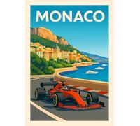 Monaco Grand Prix Racing Art Print, Vintage Travel Poster, Mediterranean Coastal Scene. Size A4.