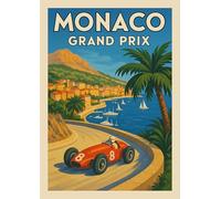 Monaco Grand Prix Vintage Racing Art Print, Mediterranean Coastal Scene. Size A4