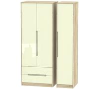 Monaco Wardrobe - 3 Door - LHF 2 Drawers - Tall - Triple - Cream Gloss and Oak
