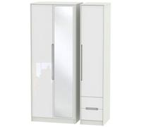 Monaco White Gloss and Cashmere 3 Door Tall Combi Wardrobe - 1 Mirror and RHF 2 Drawers