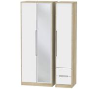 Monaco White Matt and Oak Effect 3 Door Tall Combi Wardrobe - 1 Mirror and RHF 2 Drawers