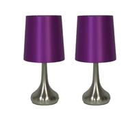 Monal Navilux Chrome Teardrop Touch Table Lamp with Purple Faux Silk Shade | 4-Stage Dimmable |Silver Burshed | Stylish Lighting for Bedroom, Living Room, or Office (Pair Lamps)