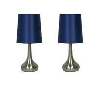 Monal Navilux Modern Chrome Teardrop Touch Table Lamp with Navy Faux Silk Shade | 4-Stage Dimmable | Silver Brushed | Stylish Lighting for Bedroom, Living Room, Office (Pair Lamps)