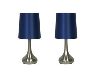 Monal Navilux Modern Chrome Teardrop Touch Table Lamp with Navy Faux Silk Shade | 4-Stage Dimmable | Silver Brushed | Stylish Lighting for Bedroom, Living Room, Office (Pair Lamps)