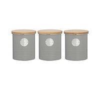 Monal Set of 3 Round Containers Perfect for Storing Living Airtight Tea Coffee and Sugar Kitchen Storage Caddy Canister Jars with Bamboo Lid Silver Badge Detail, 1 Litre - Grey