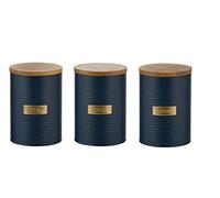 Monal Set of 3 Round Containers Perfect for Storing Living Airtight Tea Coffee and Sugar Kitchen Storage Caddy Canister Jars with Bamboo Lid Silver Badge Detail, 1 Litre (Otto Navy)