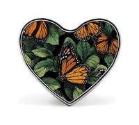 Monarch Butterflies Green Leaves Badge Pin Brooch Heart Shape Button Aluminum Decor for Backpacks Hats