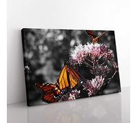 Monarch Butterflies on Pink Flowers No.1 Modern Canvas Wall Art Print Ready to Hang, Framed Picture for Living Room Bedroom Home Office Décor, 60x40 cm (24x16 Inch)